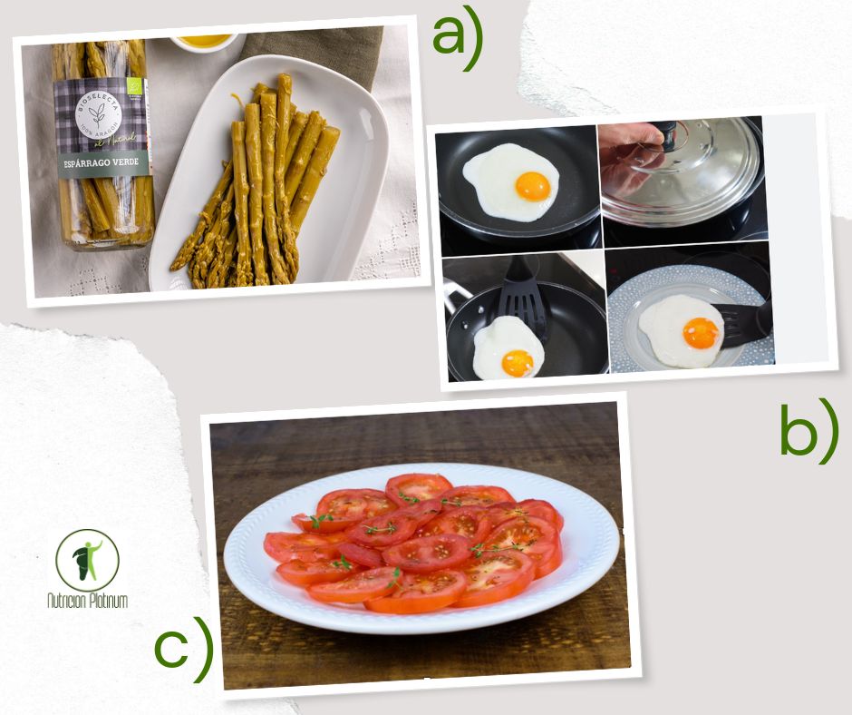 Espárragos trigueros en conserva con huevos a la plancha y ensalada de tomate.